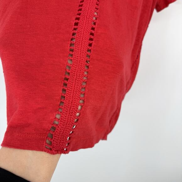 Maje Linen Short Sleeve Tee Women Size 2 V Neck Crochet Eyelet Red Pull Over - Picture 6 of 11